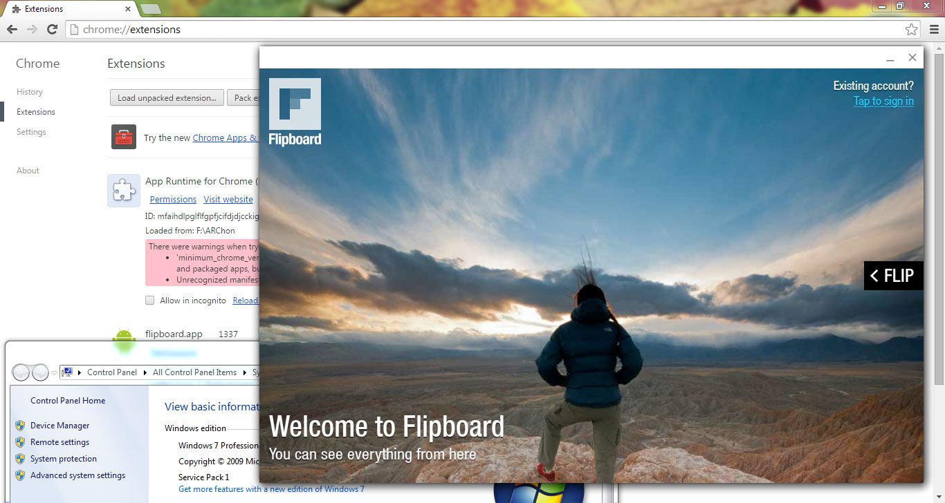 Flipboard spuštěný v prohlížeči Chrome s ARChon