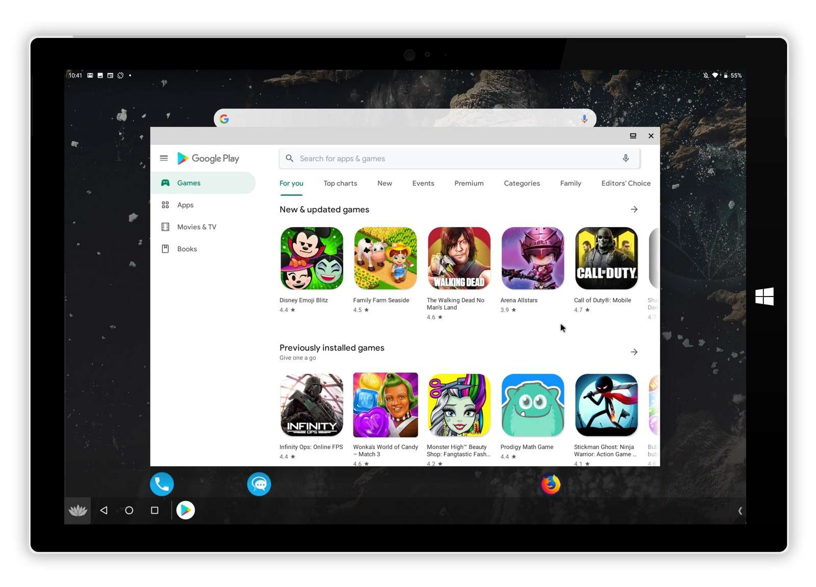 Obchod Google Play spuštěný v Bliss OS na tabletu Windows