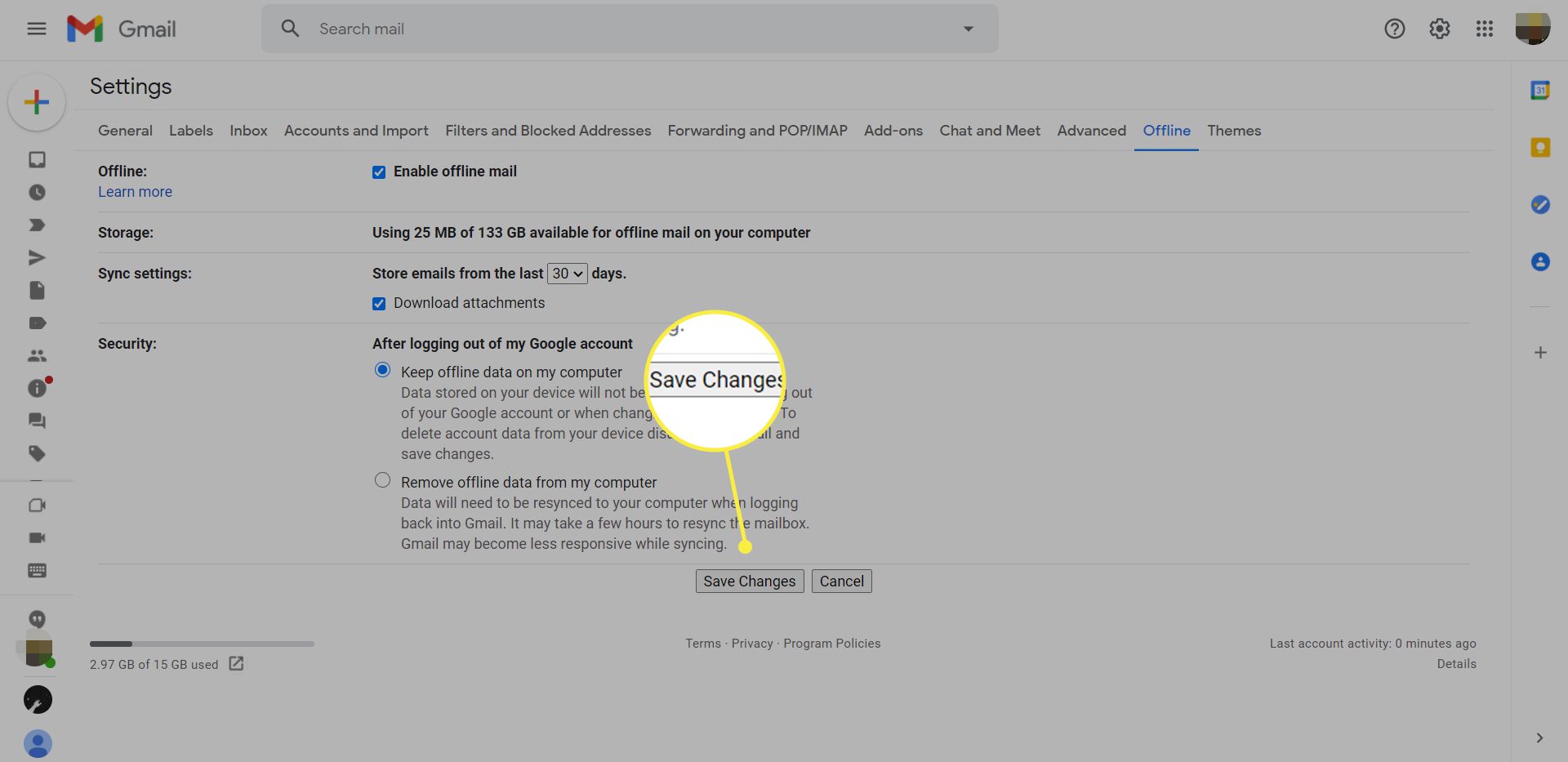 Nastavení offline e-mailů v Gmailu se zvýrazněným tlačítkem Uložit změny