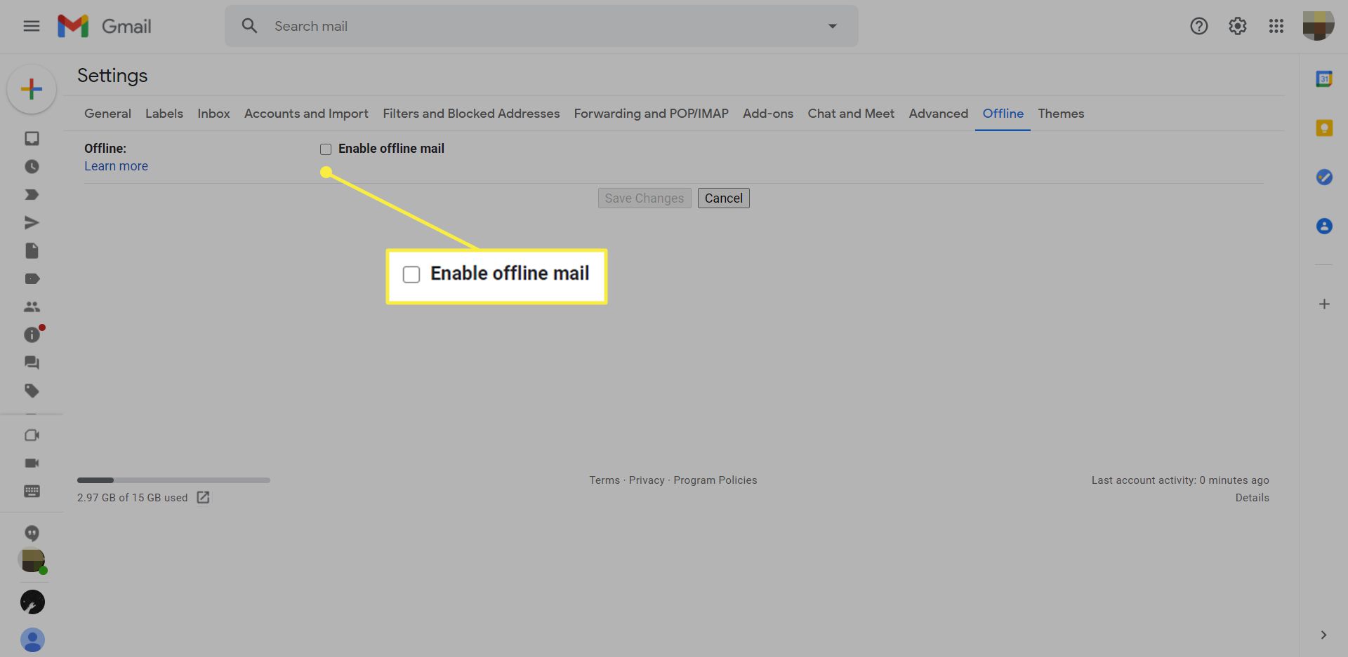 Nastavení Gmailu se zvýrazněným Povolit offline poštu