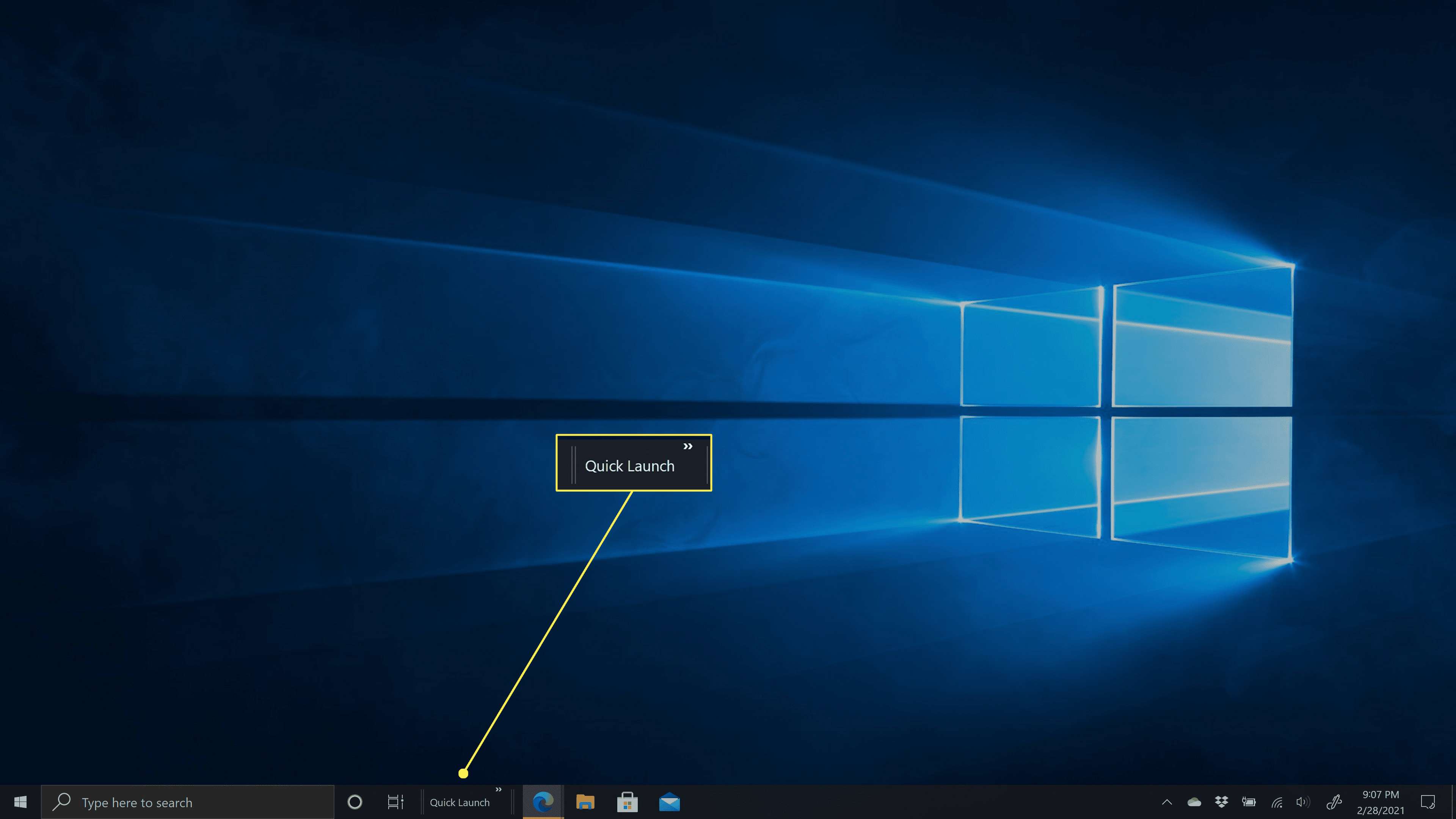 Panel nástrojů Rychlé spuštění ve Windows 10 na pravé straně