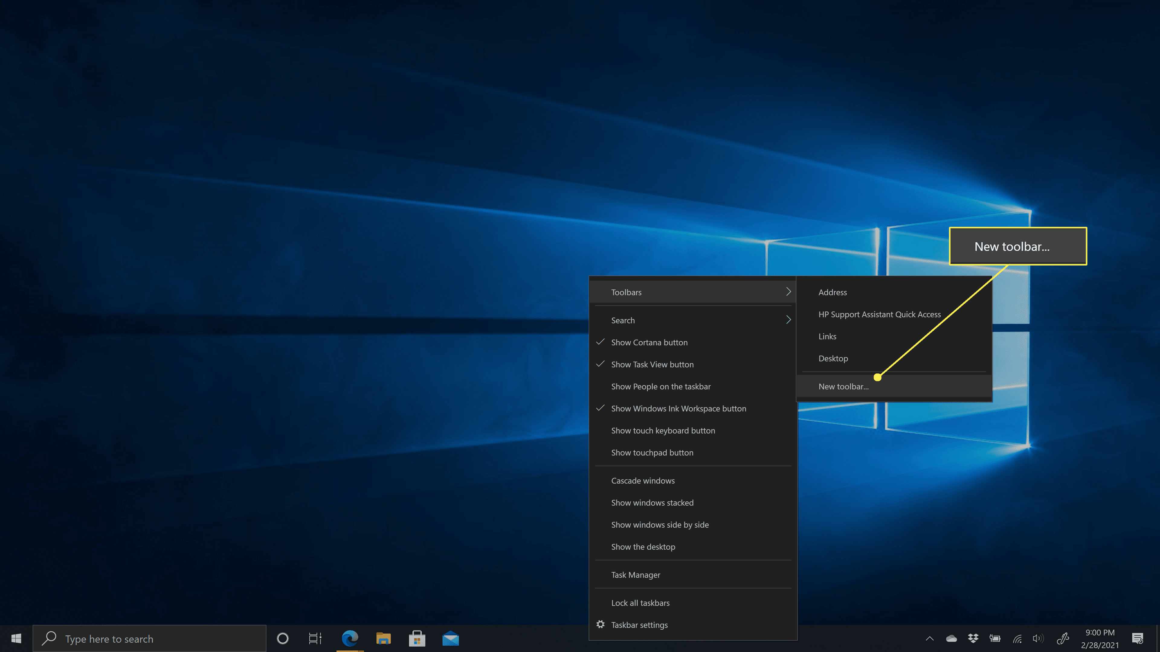 Otevření nabídky Nový panel nástrojů ve Windows 10.