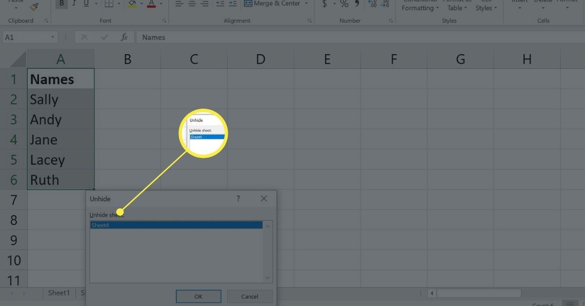 Funkce Unhide aplikace Excel prostřednictvím nabídky pravého tlačítka myši