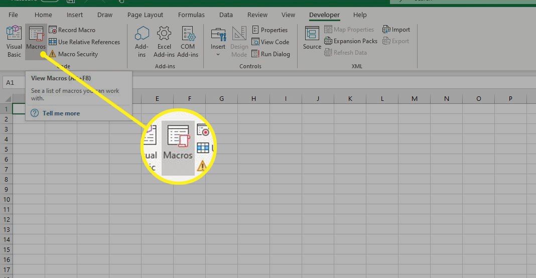 Tlačítko Makra na kartě Vývojář v aplikaci Excel