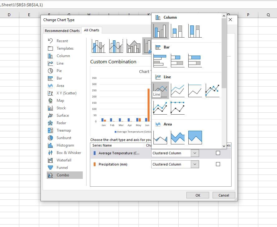 Dialogové okno Vlastní kombinace v aplikaci Excel