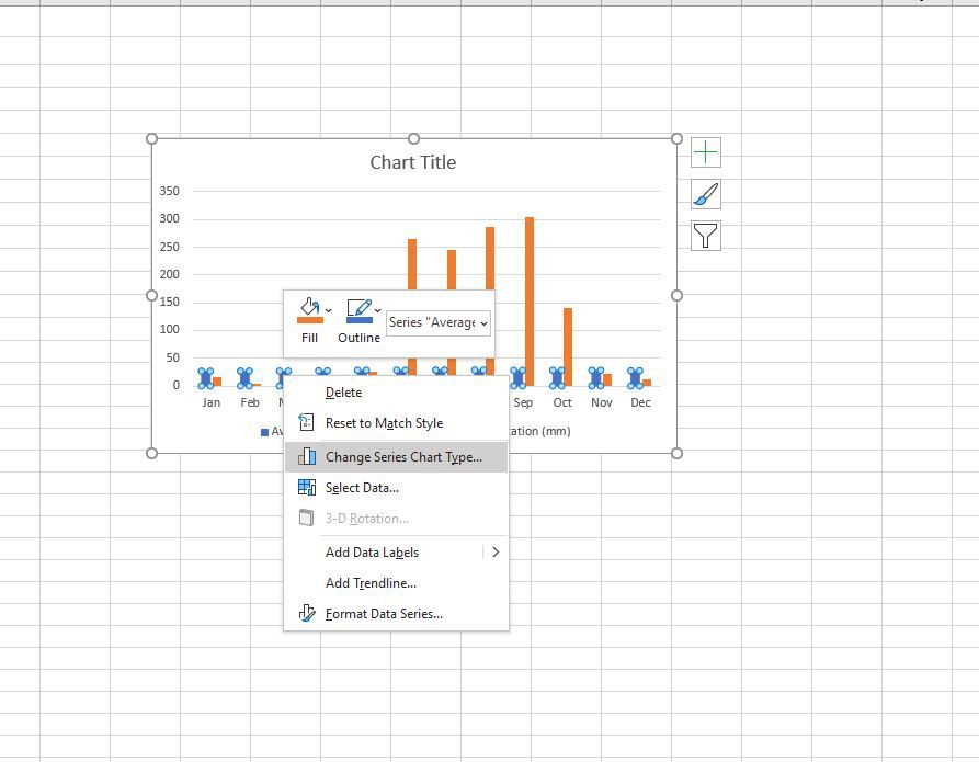 Dialogové okno Změnit typ grafu řady v aplikaci Excel