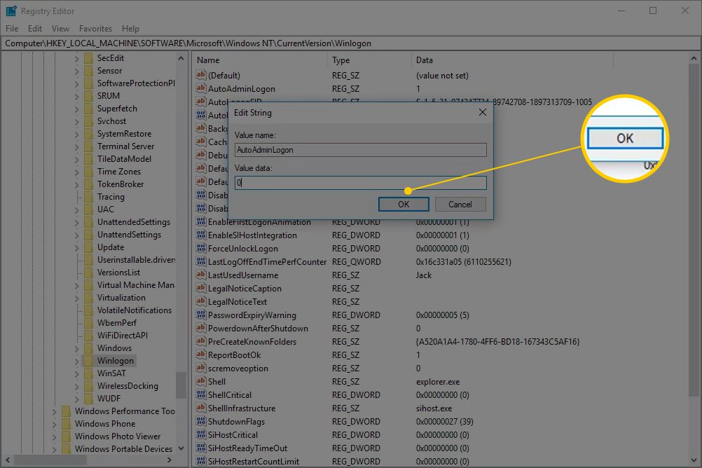 AutoAdminLogon Údaj hodnoty 0 v Editoru registru - zvýrazněno tlačítko OK