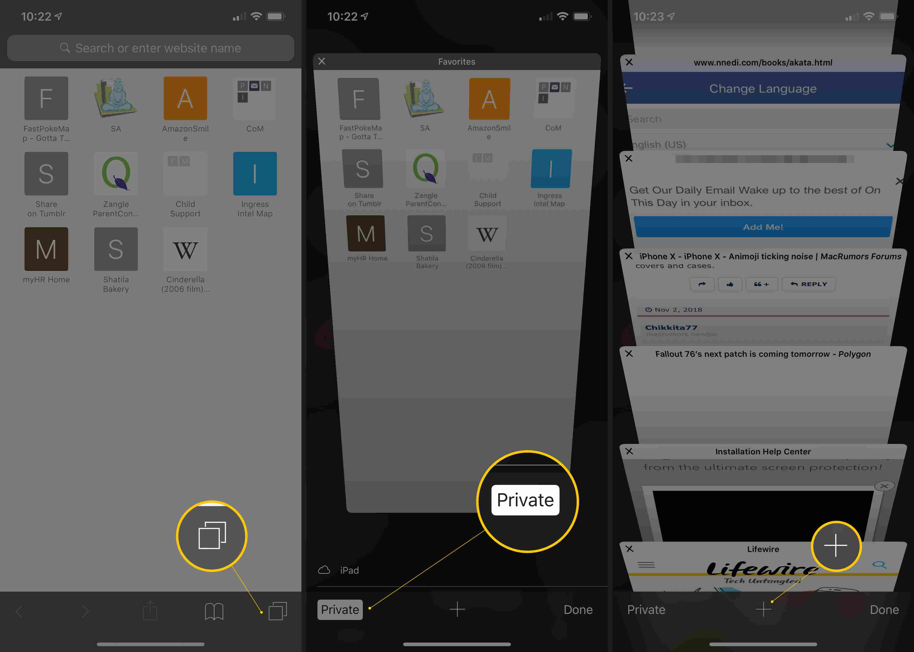 Tři obrazovky iOS zobrazující nové okno, soukromé procházení a tlačítka Plus pro odchod z režimu soukromého procházení