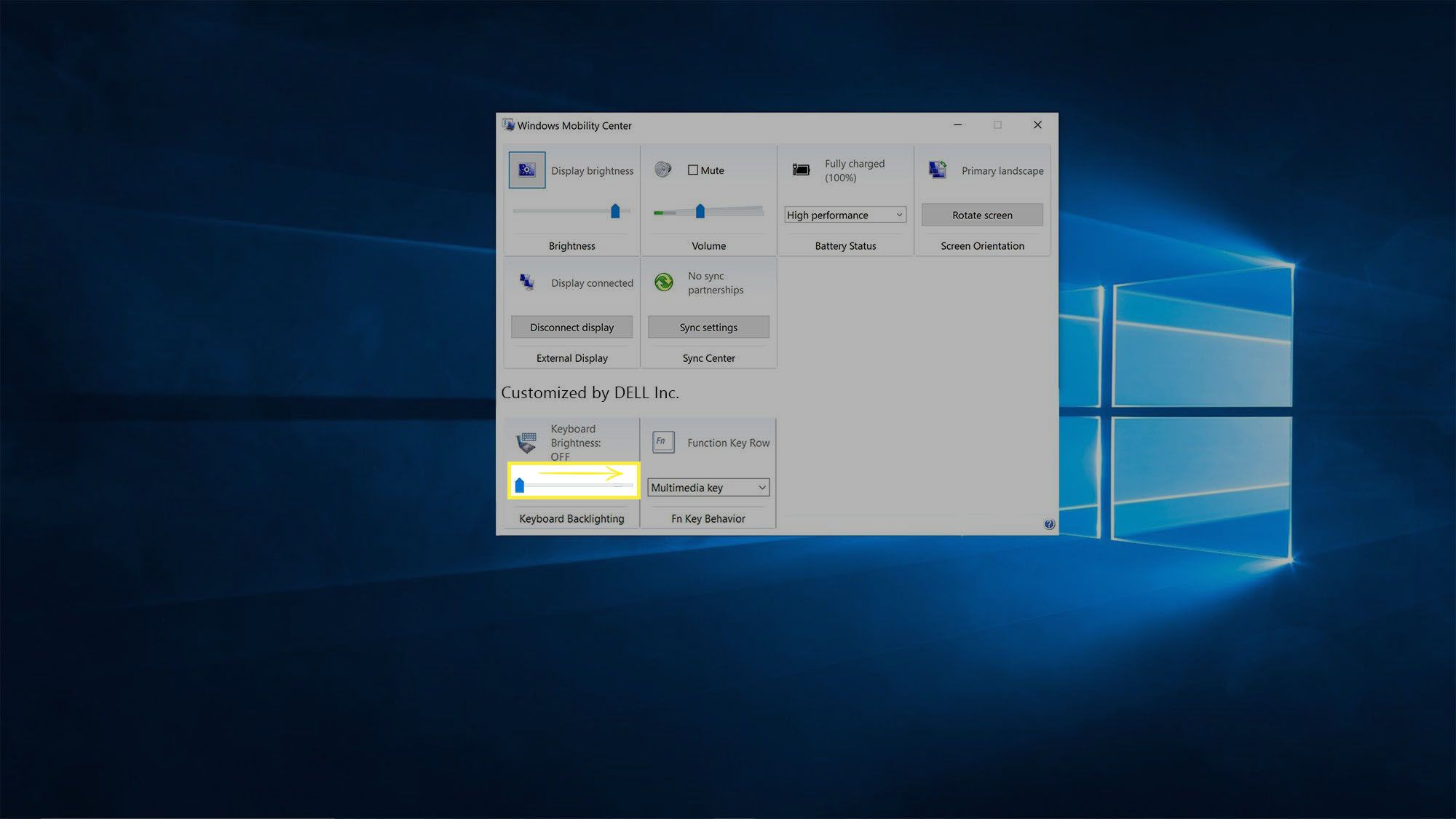Úprava jasu klávesnice v Windows Mobility Center.
