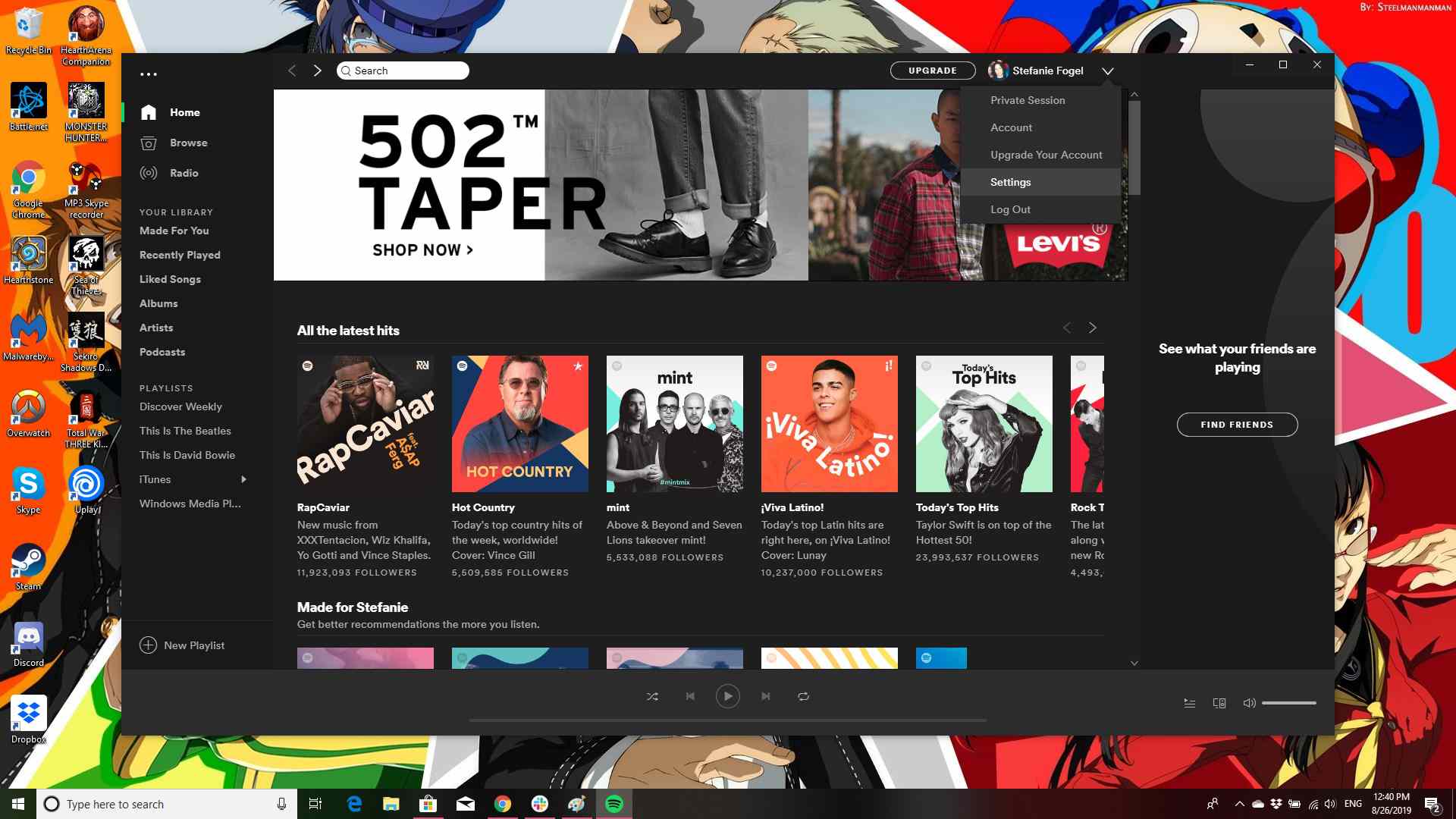 Screenshot desktopové aplikace Spotify se zvýrazněným nastavením