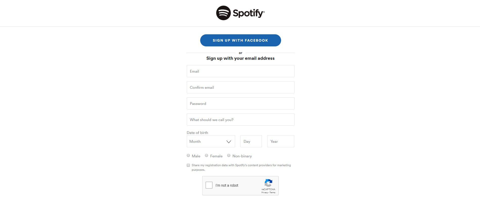 Screenshot stránky registrace Spotify