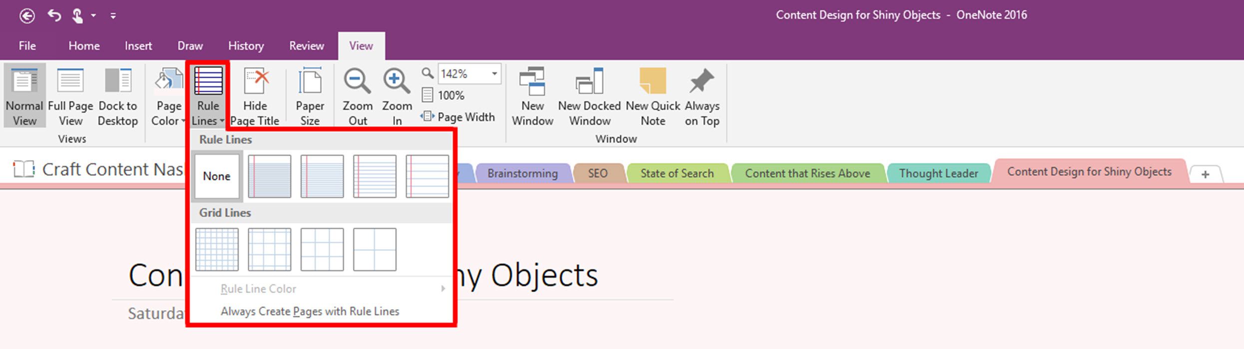 Přizpůsobte řádky pravidel, které se zobrazují na stránkách v Microsoft OneNote 2016.