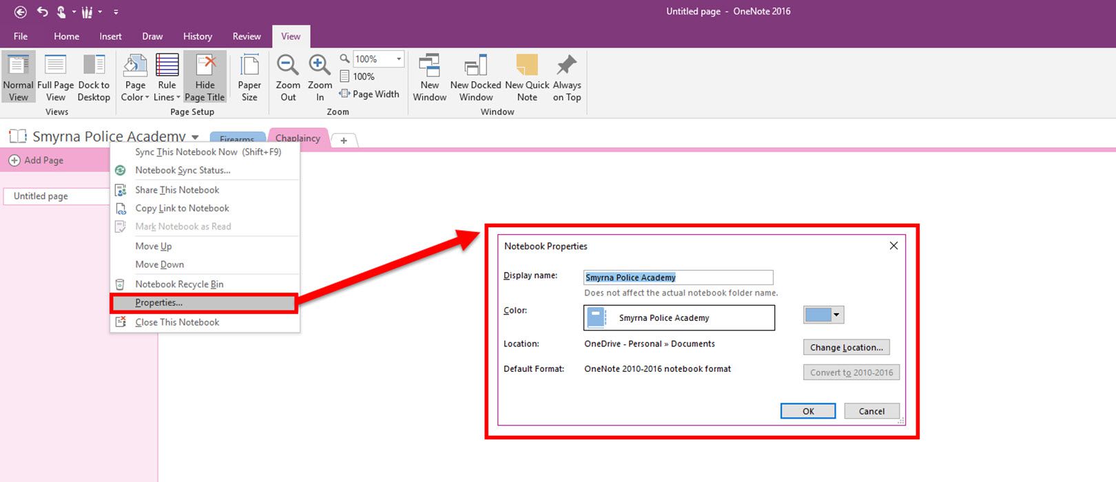 Jak změnit vlastnosti poznámkového bloku OneNote 2016, včetně zobrazovaného názvu a barvy poznámkového bloku.