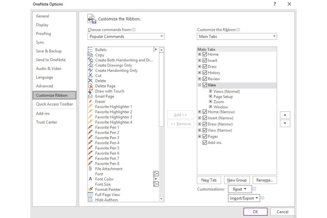 Snímek obrazovky s možnostmi přizpůsobení pásu karet pro OneNote 2016.