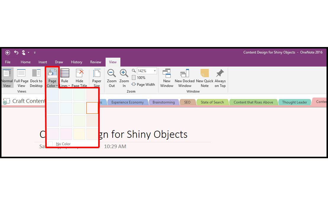 Změňte barvu stránky v Microsoft OneNote 2016.