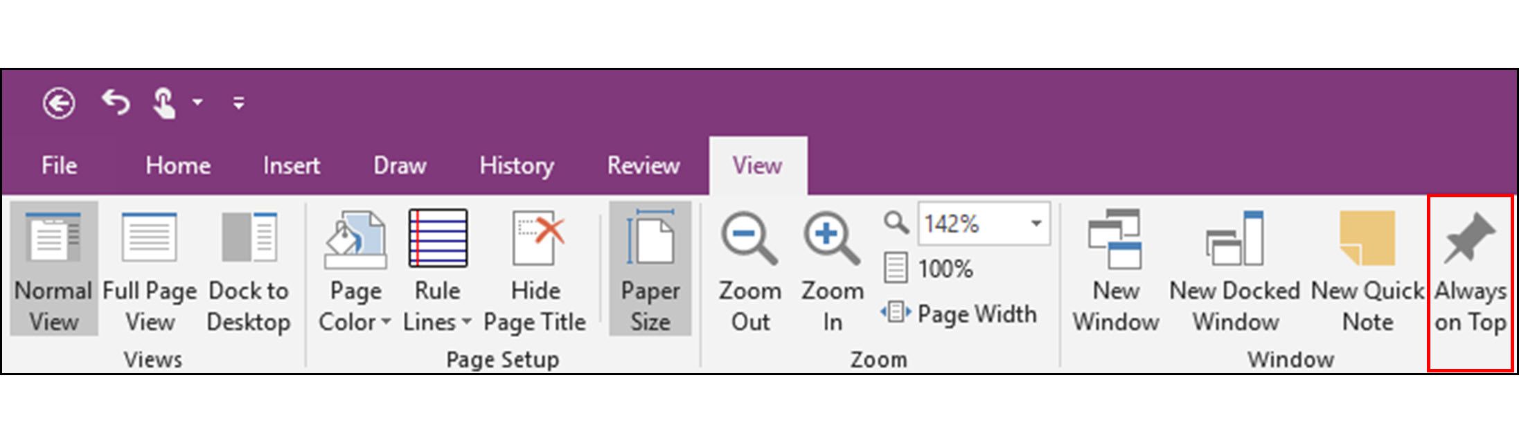 Screenshot z nabídky OneNote 2016 se zvýrazněným Vždy navrchu.