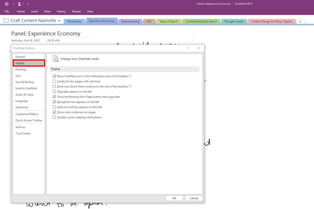 Screenshot z možností zobrazení OneNote 2016.