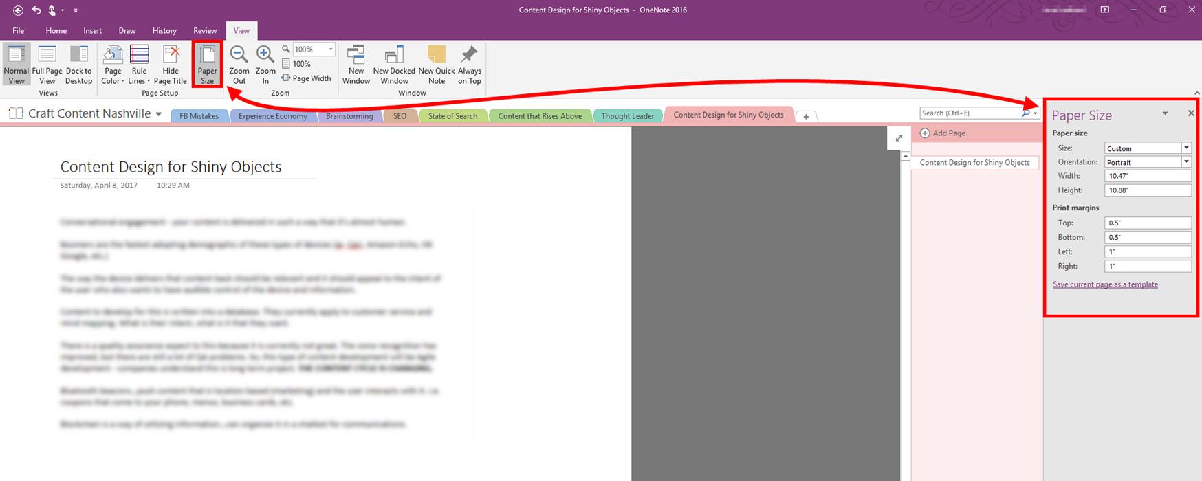 Snímek obrazovky Microsoft OneNote 2016 ukazující, jak změnit výchozí velikost papíru v prostředí Notes.