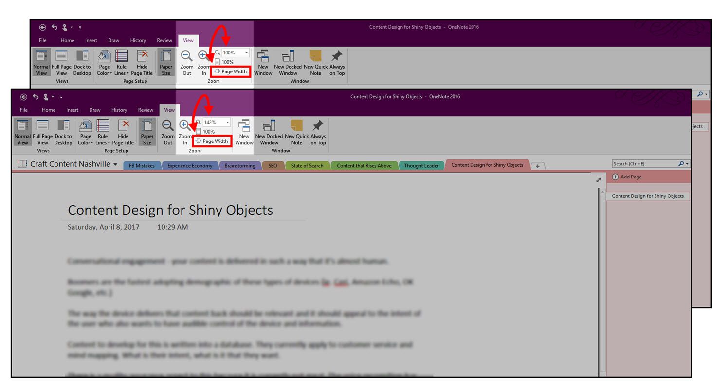 Výběr šířky stránky a příklad v Microsoft OneNote 2016.