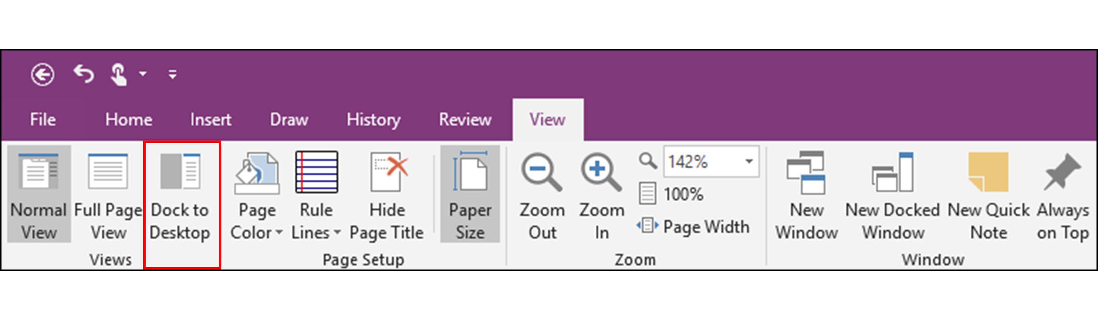 Screenshot panelu nástrojů Zobrazit v Microsoft OneNote 2016.