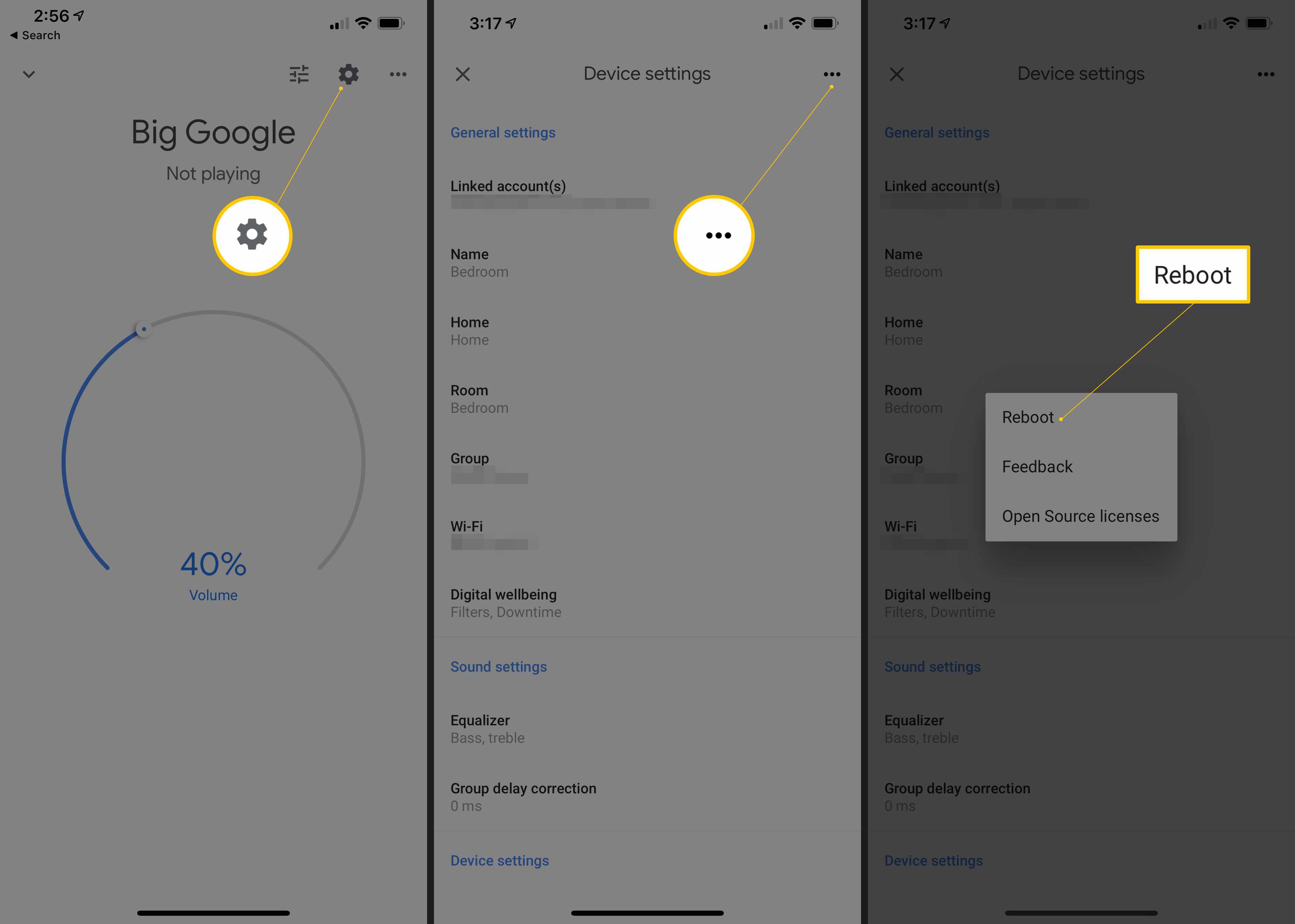 Tři obrazovky iOS v aplikaci Google Home s ikonou Gear, nabídkou tří vodorovných teček a možností Reboot