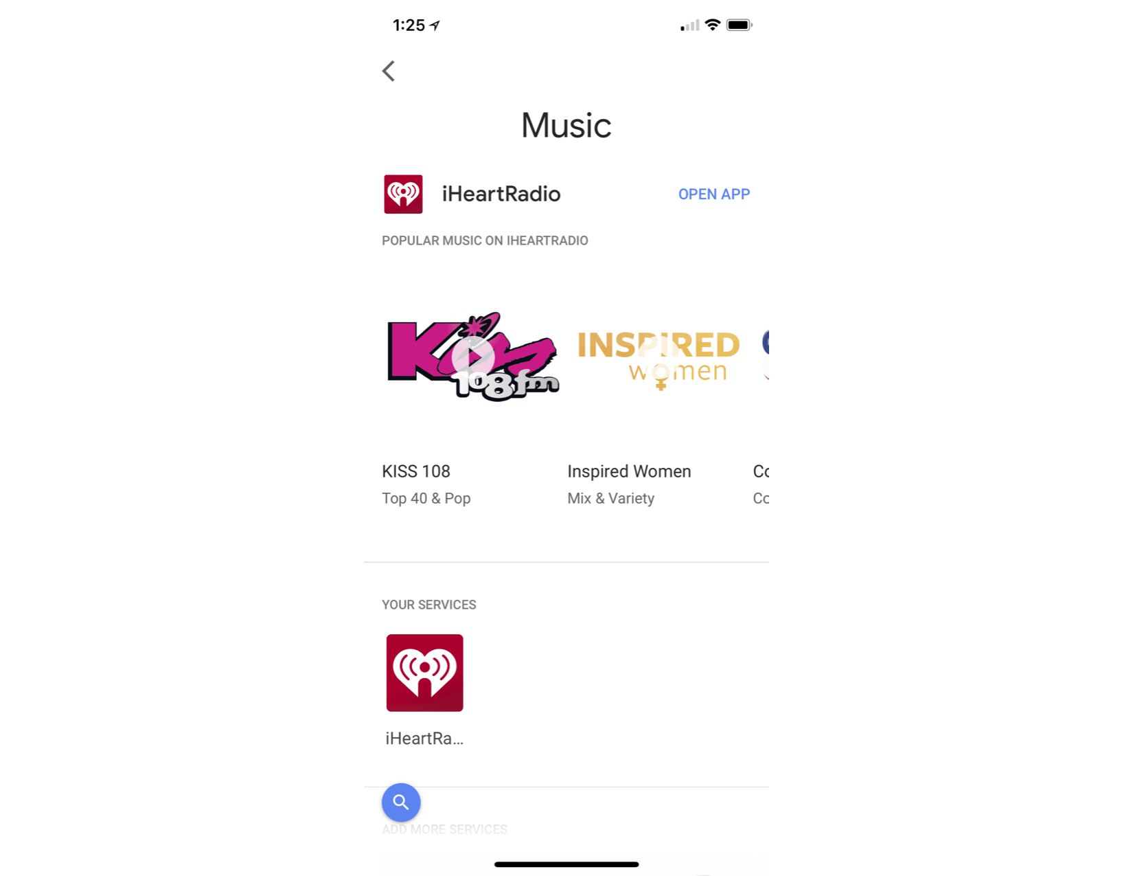 Nabídka Hudba v mobilní aplikaci Google Home