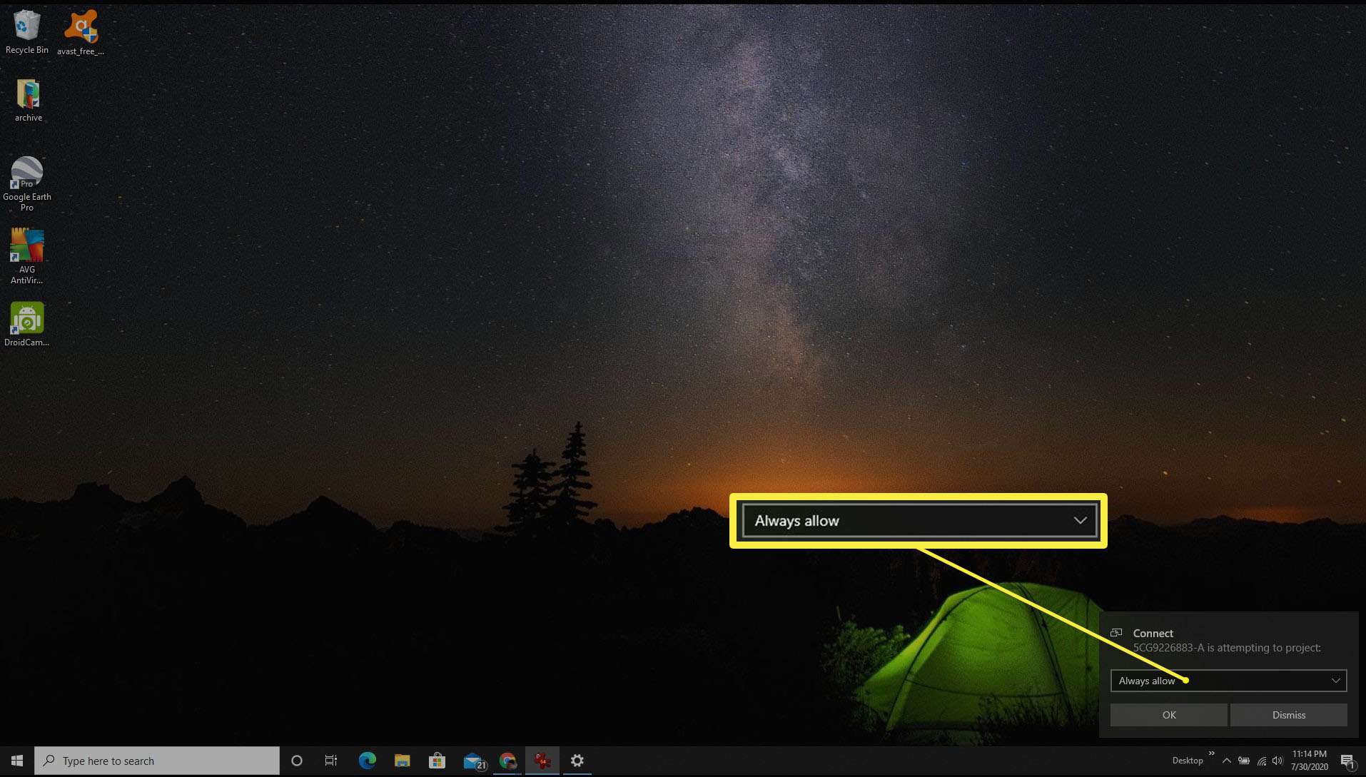 Screenshot z počátečního připojení přes Miracast.