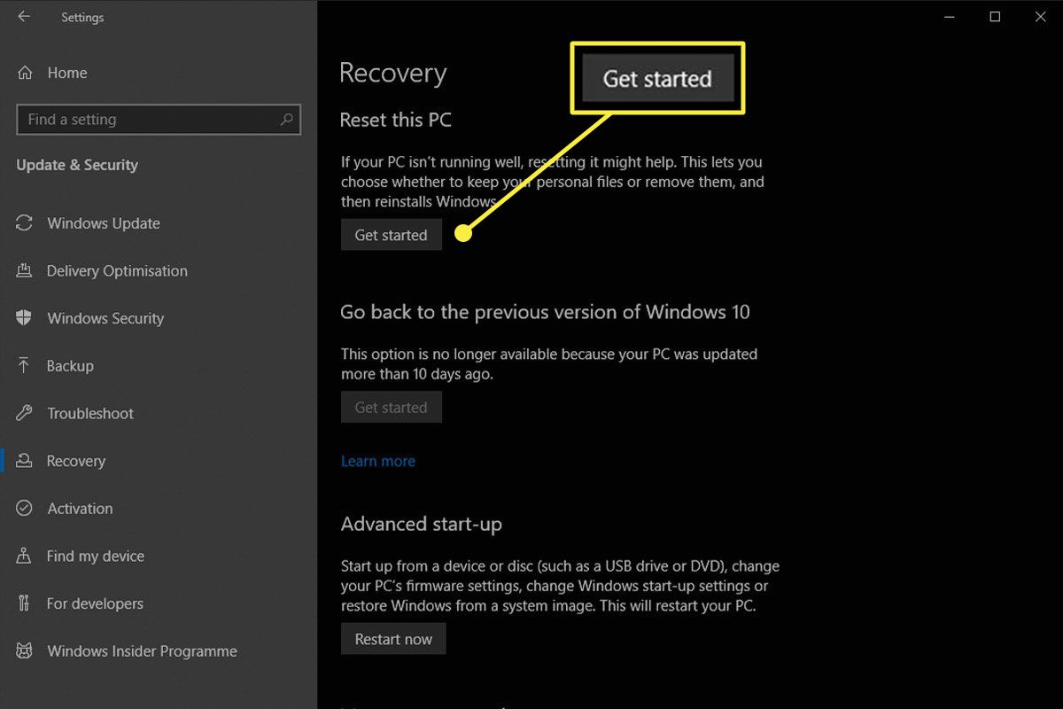 Tlačítko Začínáme v nástroji Recovery ve Windows 10.