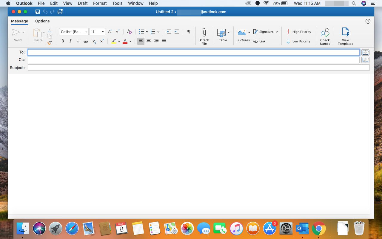 Nová e-mailová zpráva v Outlooku pro Mac.