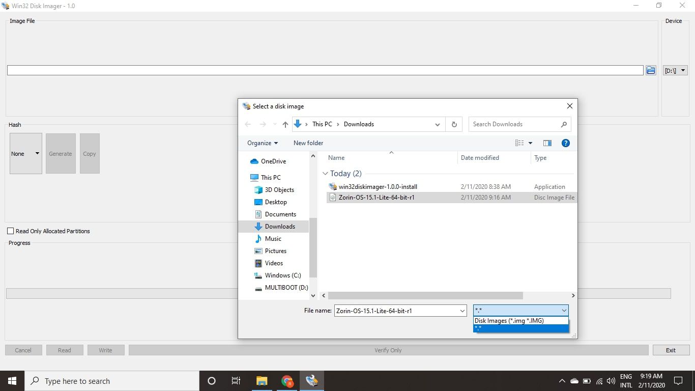 Vyberte modrou složku v části Obrazový soubor a otevřete Průzkumníka Windows a vyberte stažený soubor Zorin ISO.