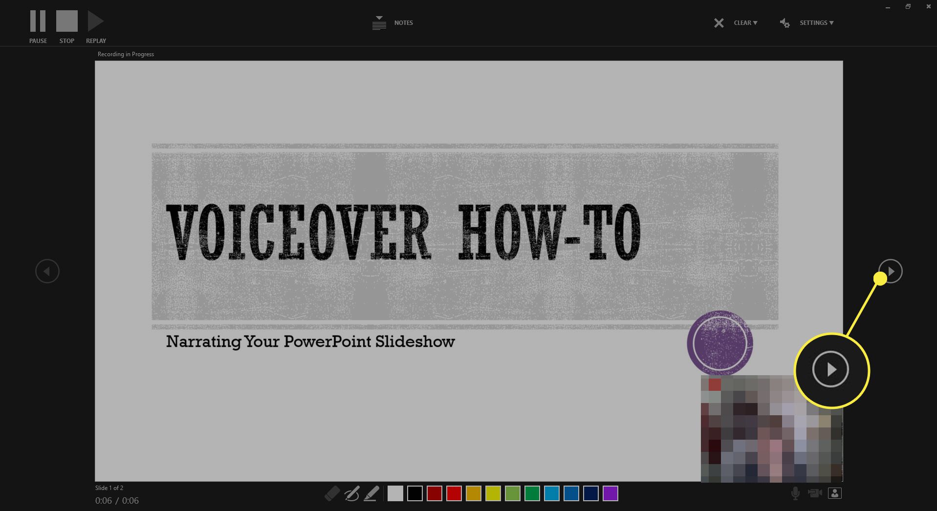 Screenshot ukazující, jak posunout snímek při nahrávání prezentace v aplikaci PowerPoint.