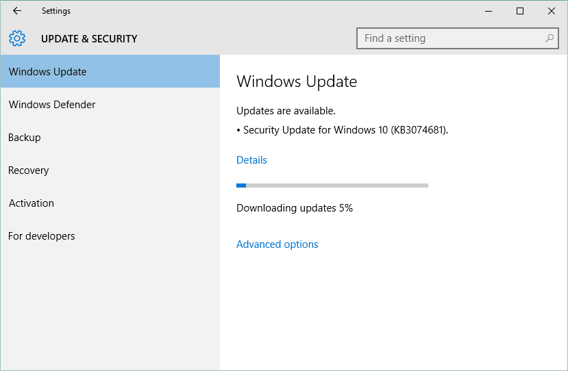 Screenshot aktualizace Windows Update, která stahuje aktualizaci zabezpečení v systému Windows 10