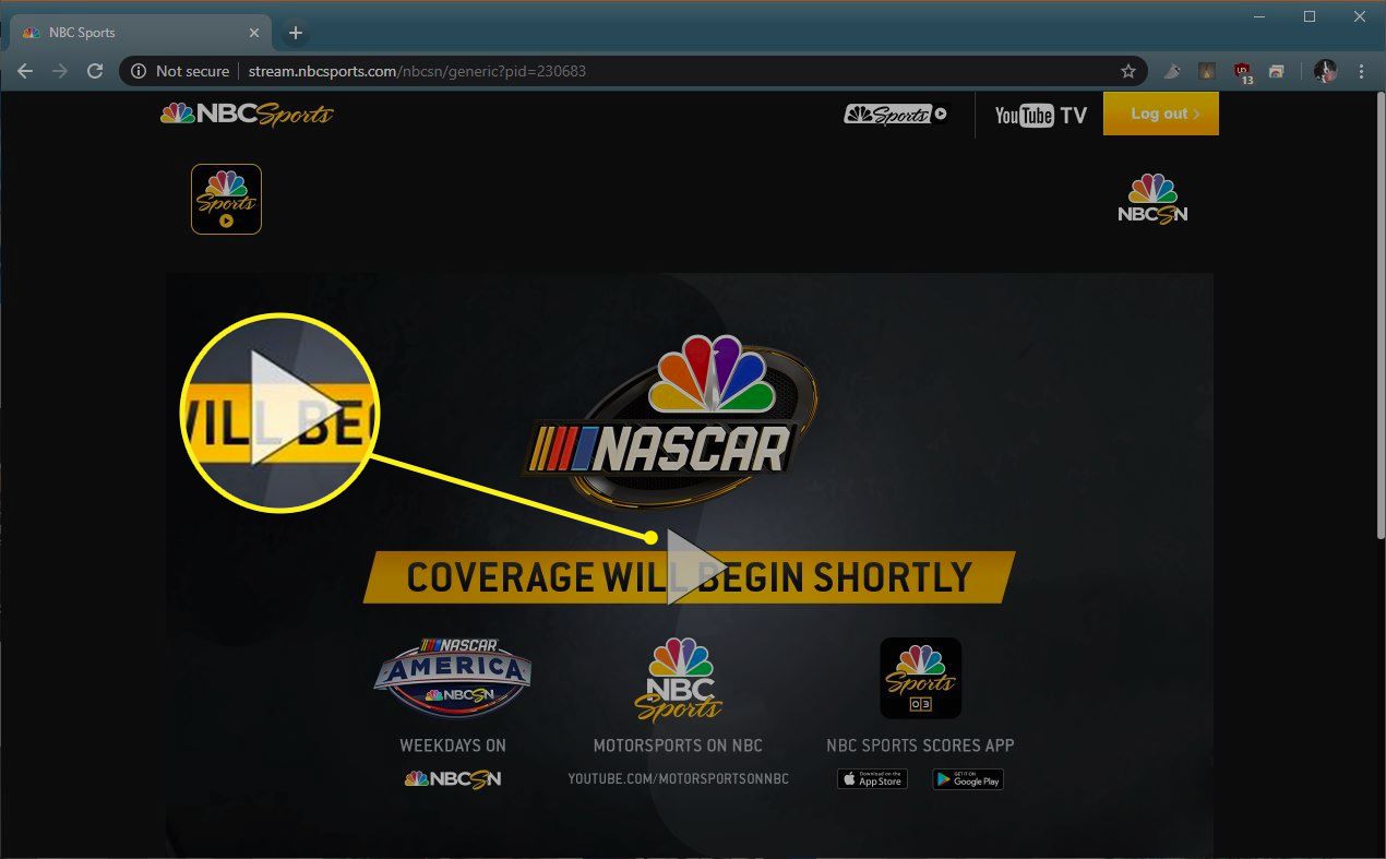 NBCSports.com se zvýrazněným tlačítkem přehrávání