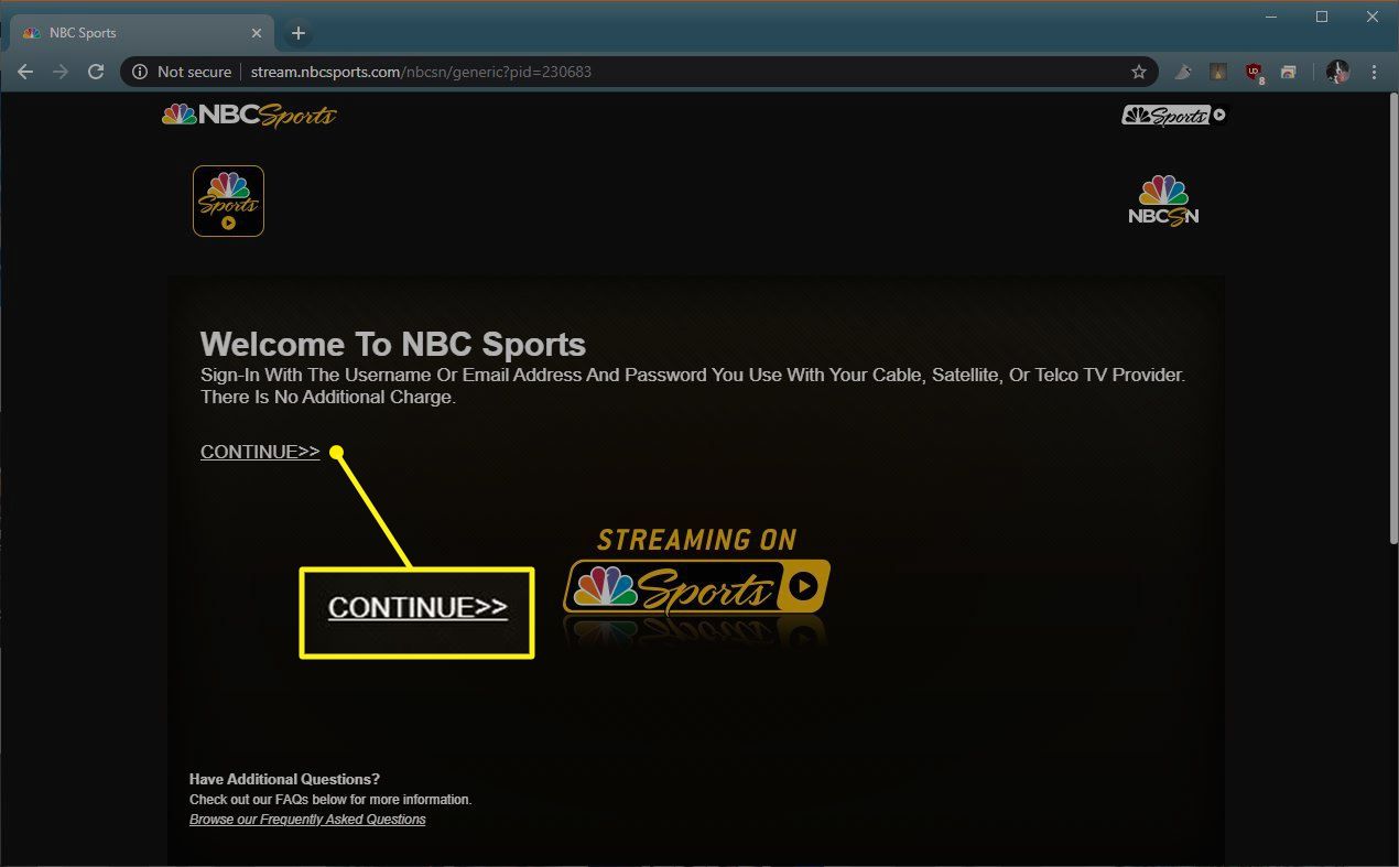 NBCSports.com se zvýrazněným Pokračovat