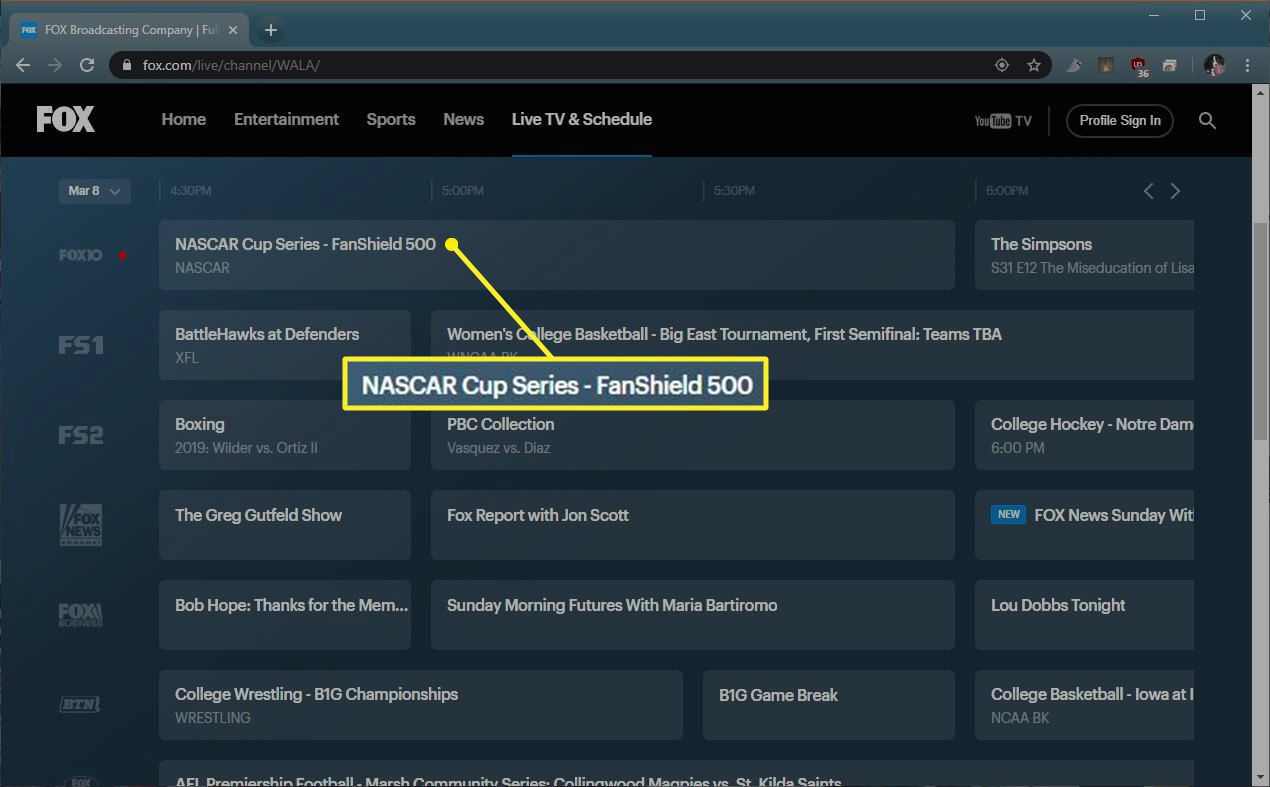 Televizní průvodce Fox.com se zvýrazněnou událostí NASCAR