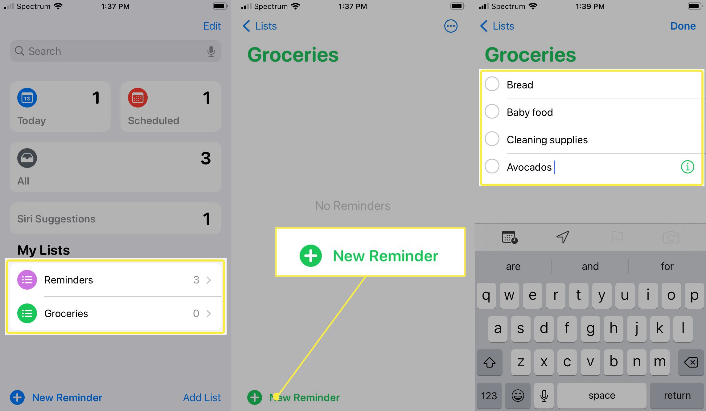 Aplikace iPhone Reminders přidává položky do seznamu