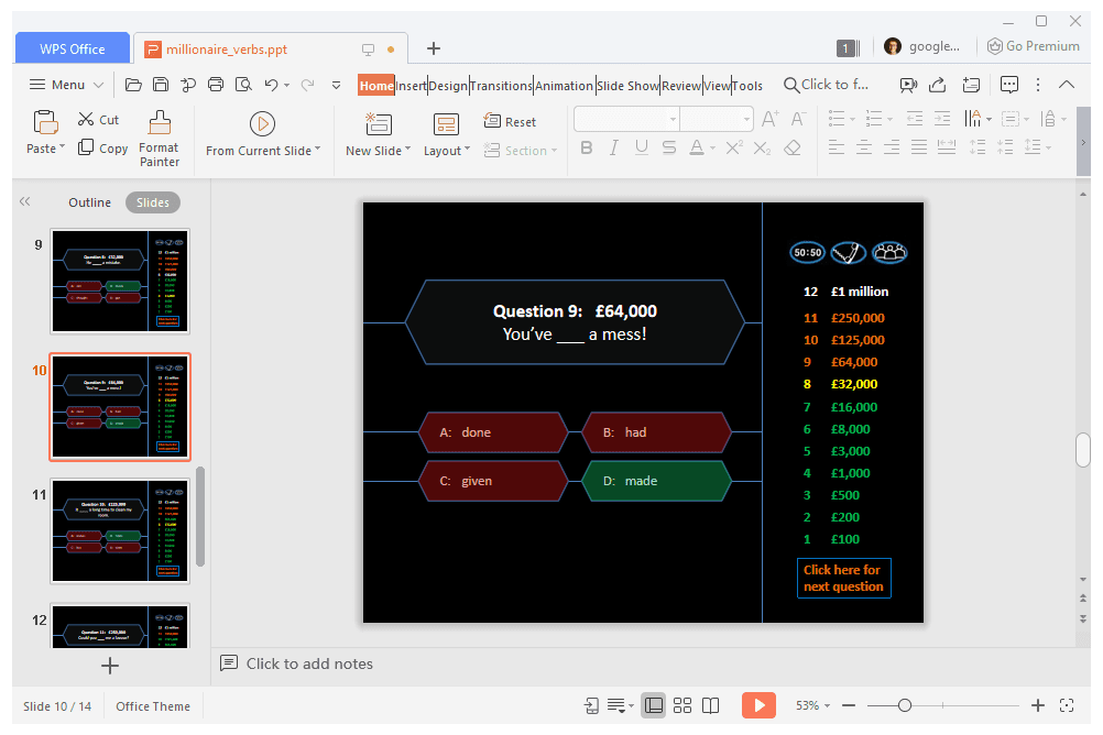 Kdo chce být milionářem PowerPoint šablony se slovesy