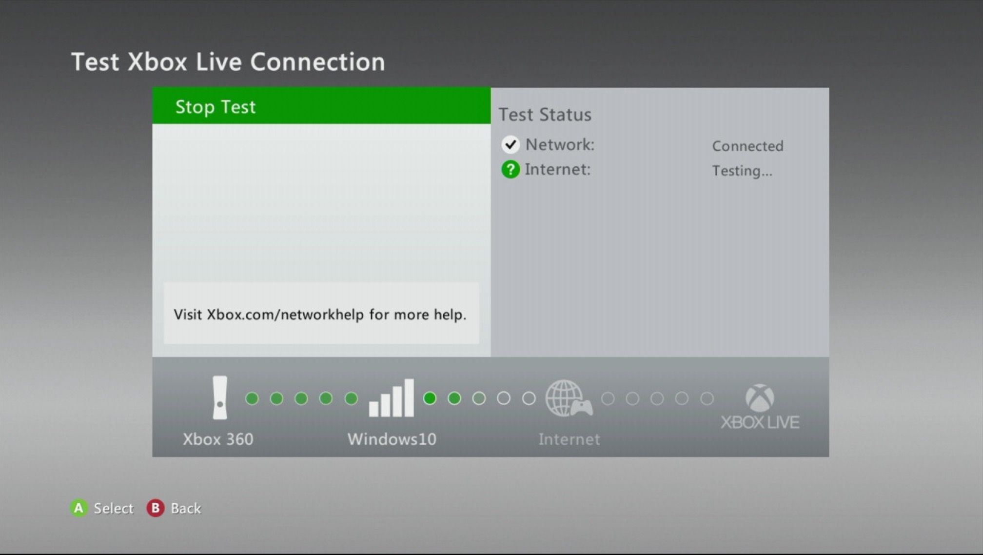 Test připojení ke službě Xbox Live na 360