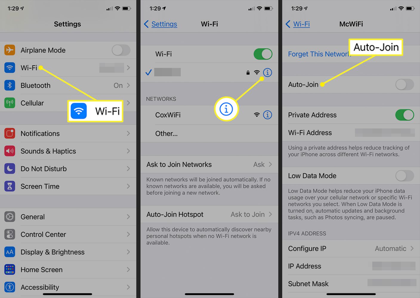 Wi-Fi, informační ikona a automatické připojení položek na iPhone