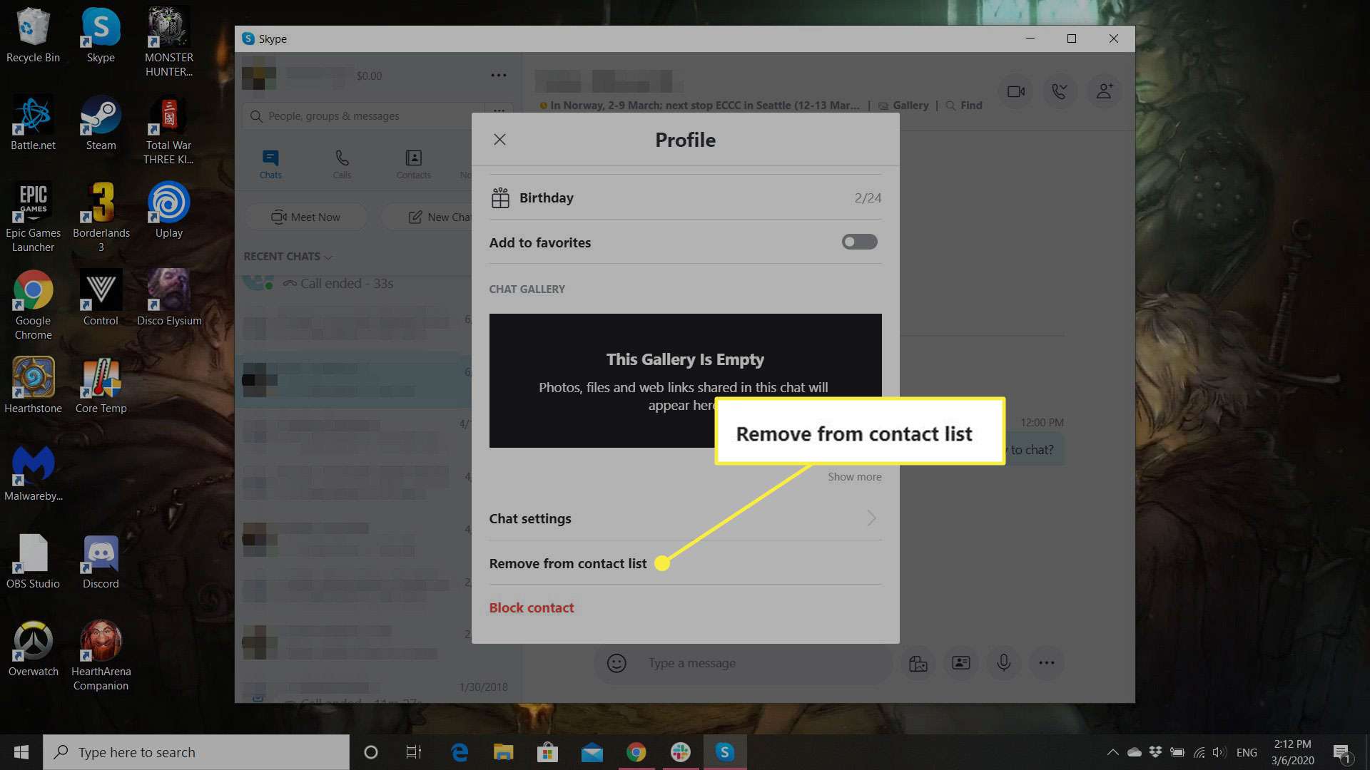 Snímek obrazovky profilu Skype se zvýrazněným tlačítkem Odebrat ze seznamu kontaktů
