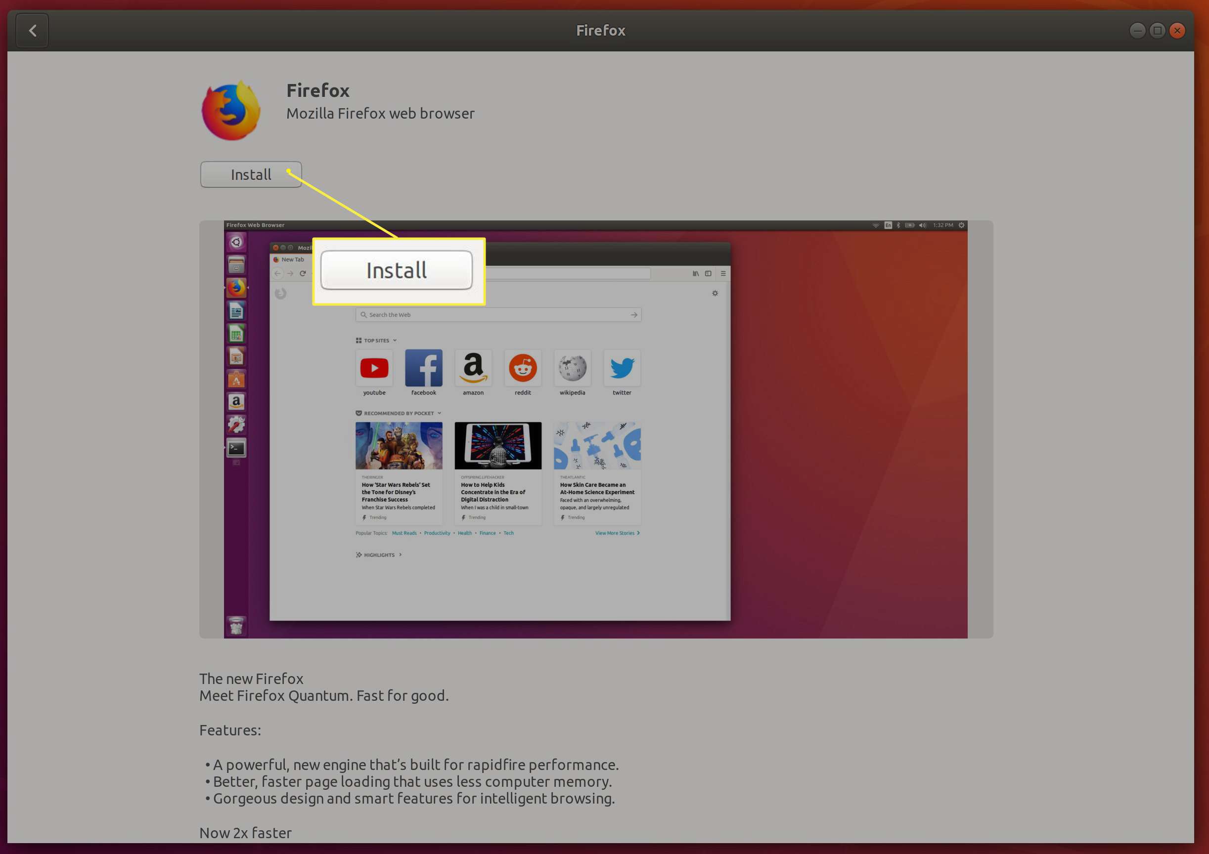 Tlačítko instalace pro Firefox na Linuxu