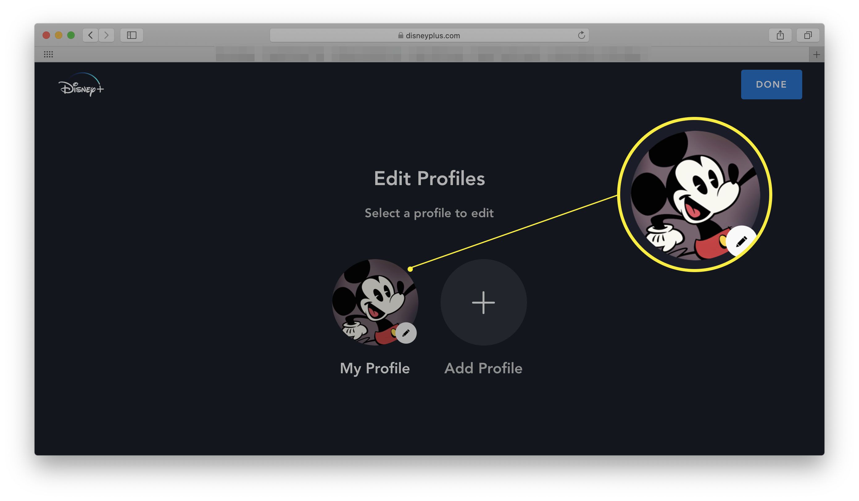 Disney + prostřednictvím webového prohlížeče se zvýrazněným Můj profil