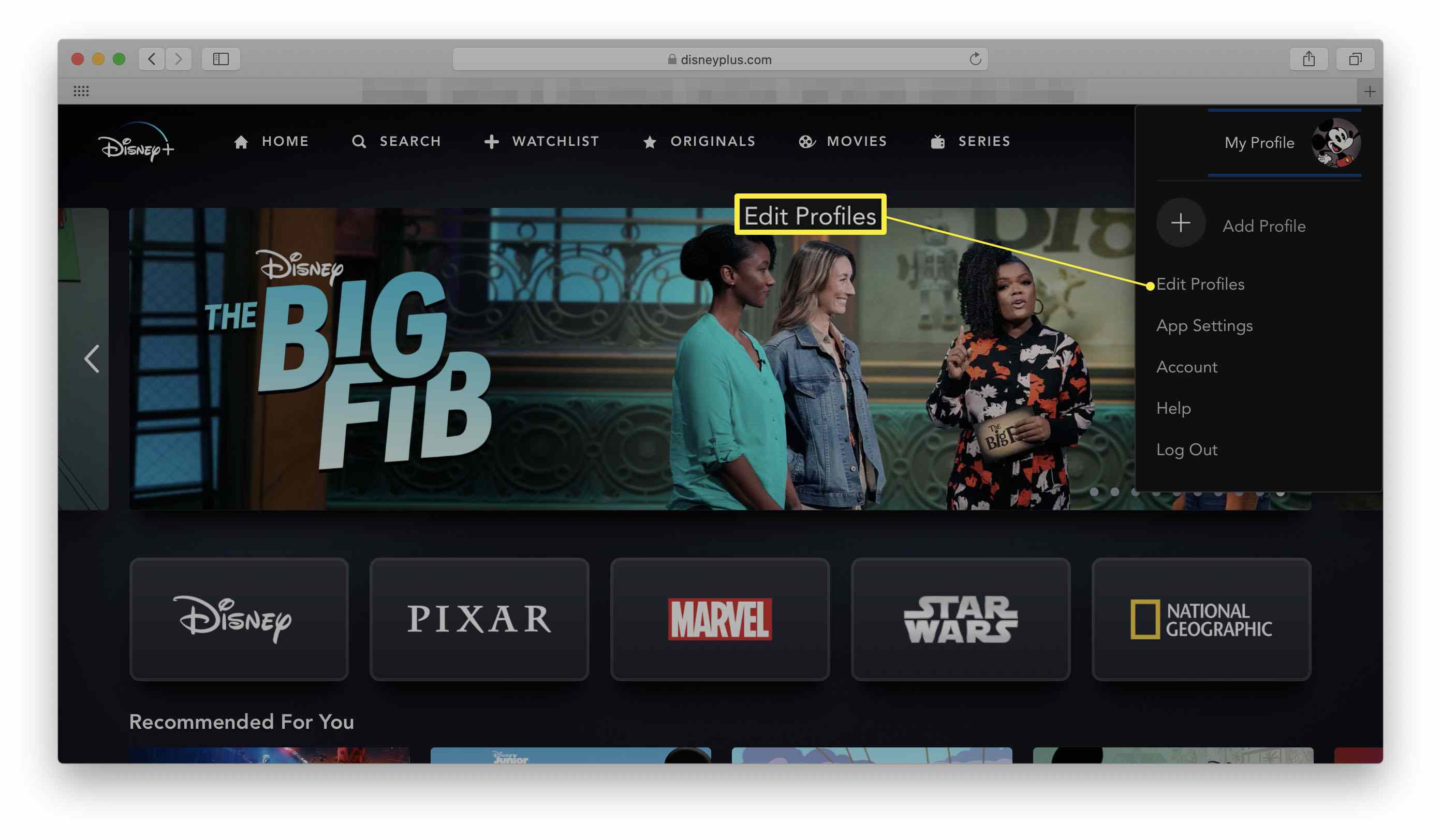 Disney + se zvýrazněnými Upravit profily