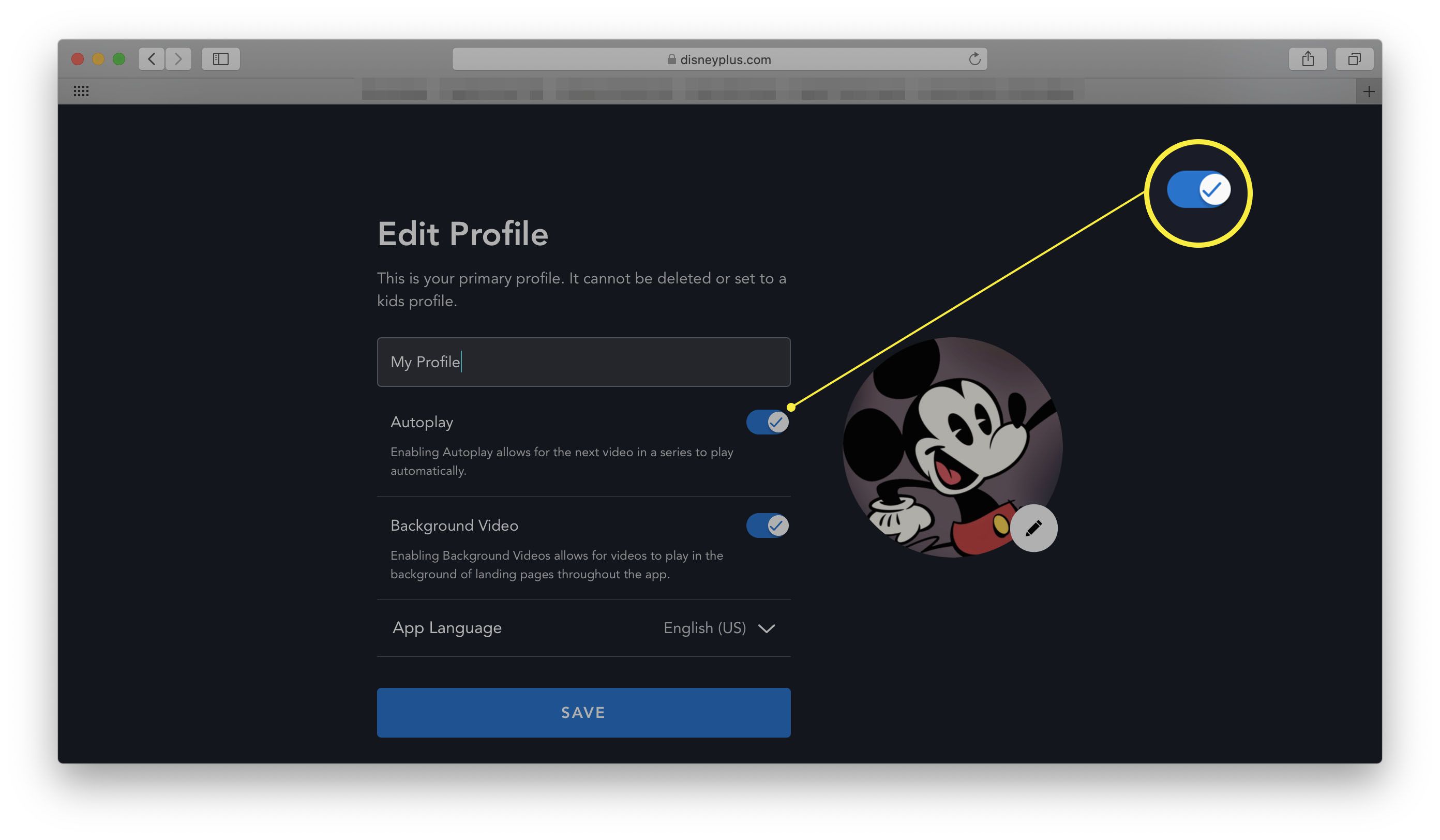 Disney + ve webovém prohlížeči se zvýrazněným přepínačem Autoplay
