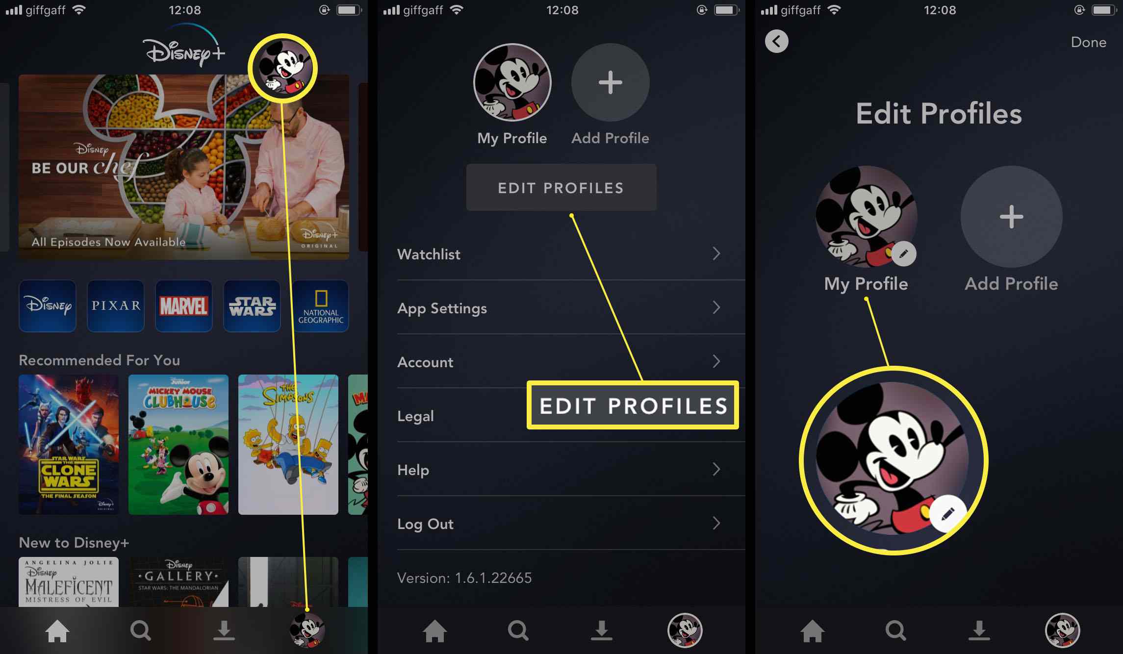 Aplikace Disney + se zvýrazněnými kroky pro úpravu nastavení profilu
