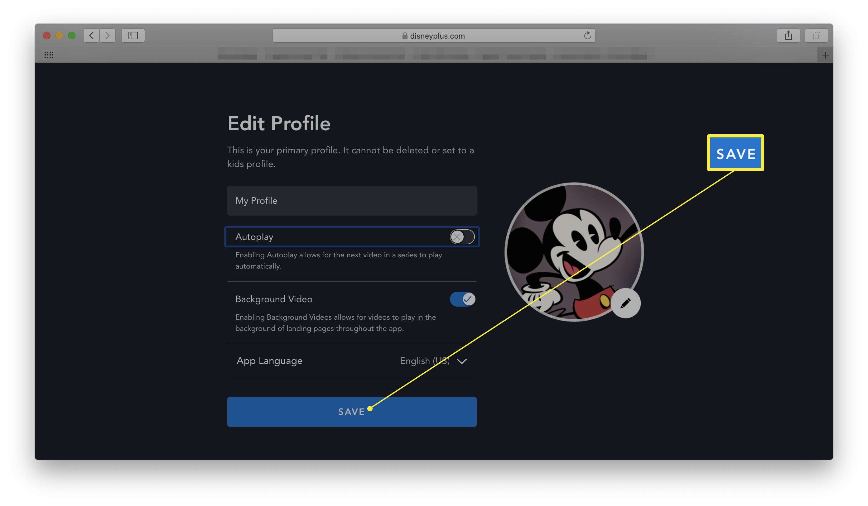 Disney + s otevřeným Upravit profil a zvýrazněným dialogovým oknem Uložit