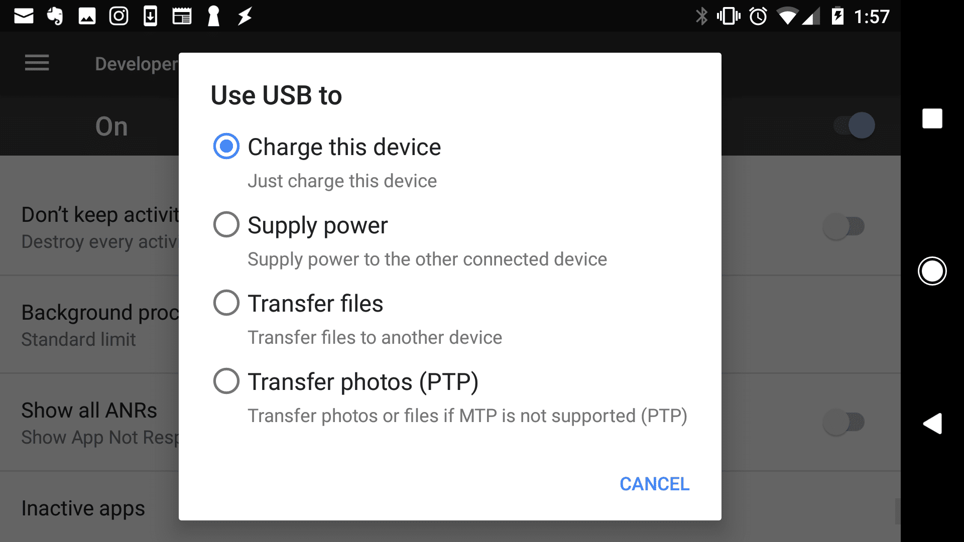 Screenshot možností USB na telefonu Android
