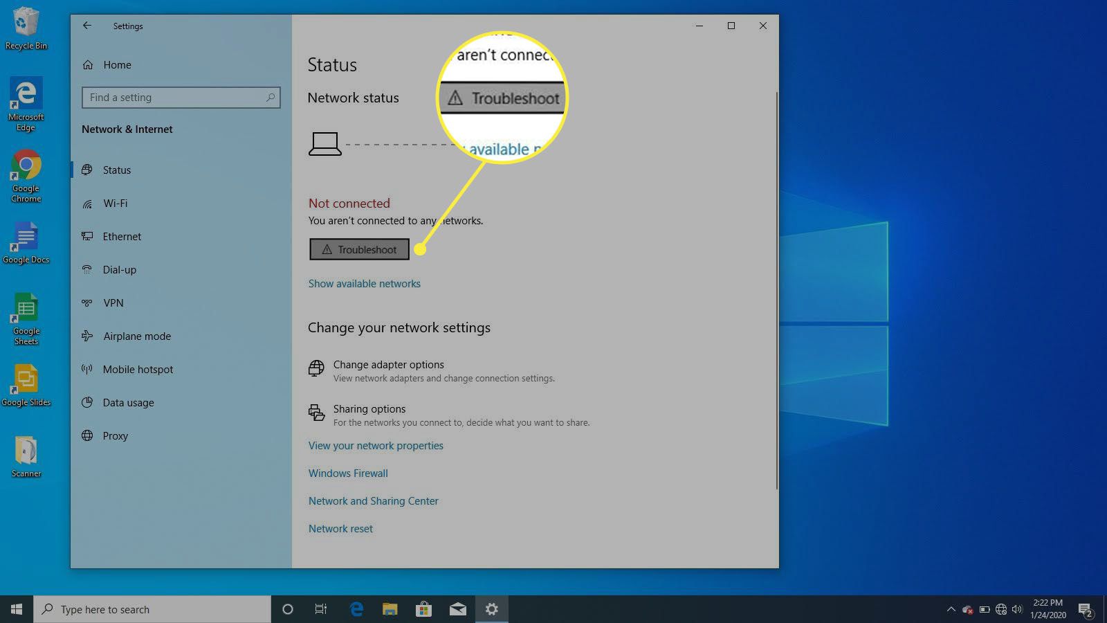 Zobrazení nastavení stavu pro síť v systému Windows 10.