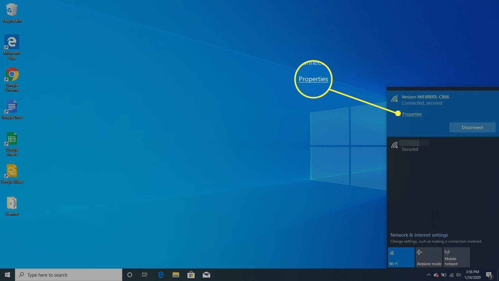 Prohlížení dostupných WiFi připojení ve Windows 10.