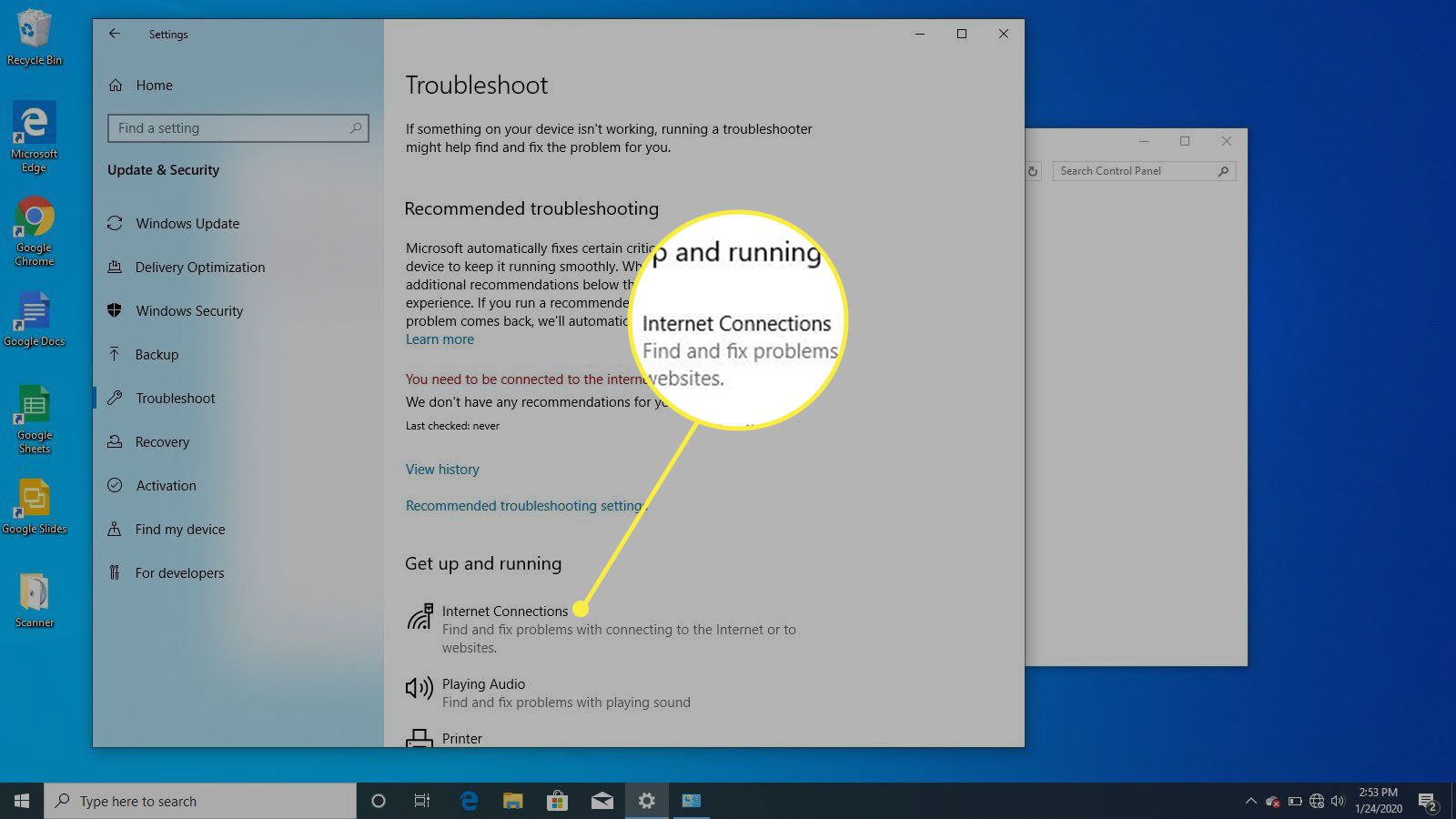 Panel Odstraňování problémů s nastavením v systému Windows 10.